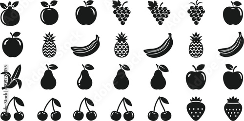 Collection of Fruit Silhouettes, Healthy Organic Food Icons, Apple Banana Grape Pear Cherry Strawberry Pineapple Pomegranate Vectors, Seasonal Garden Harvest Symbols
