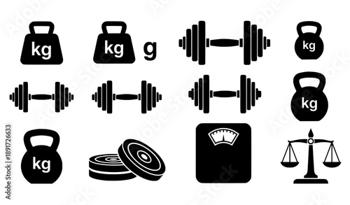 Weight and mass fitness icon vector set with kilogram symbols dumbbells and kettlebells