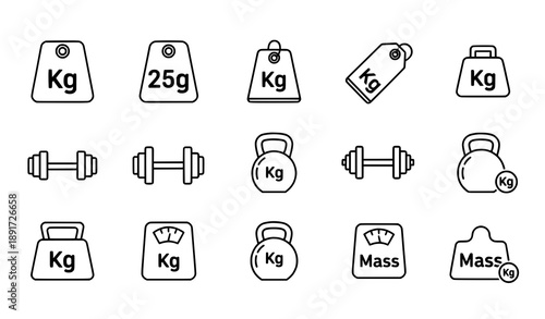 Kg weight measurement and fitness line icon set with dumbbells kettlebells and scale symbols