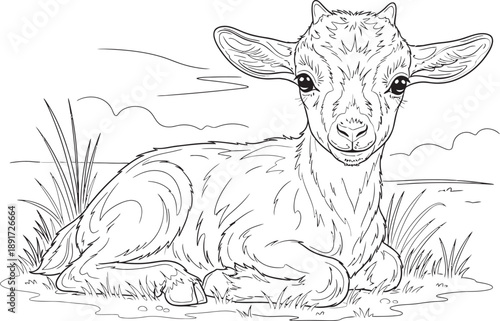 Adorable calf resting in the field