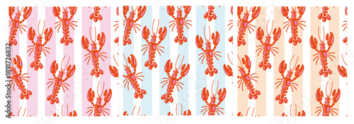 Lobster seamless pattern set with vertical stripes in pink, blue, orange and neutral tones. Hand drawn Mediterranean seafood design in naive imperfect style for summer kitchen decor.