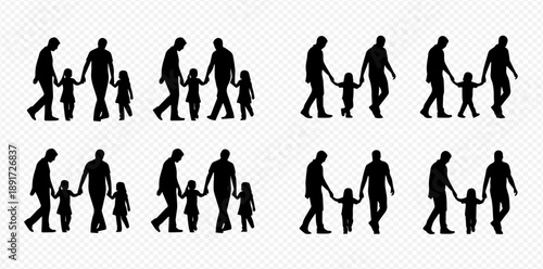 Silhouettes of parents walking with their children, holding hands, depicting family bonds and togetherness.