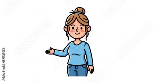 Smiling young woman with brown hair in blue shirt gesturing