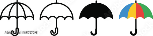 Umbrella icon set with four distinct styles including outline, silhouette, and multicolor scalloped canopy designs.