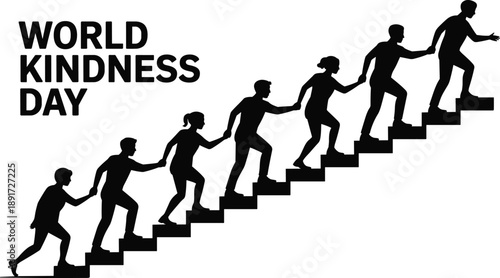 World Kindness Day illustration showing people helping each other climb stairs, teamwork support concept, human solidarity silhouette vector design isolated on white background
