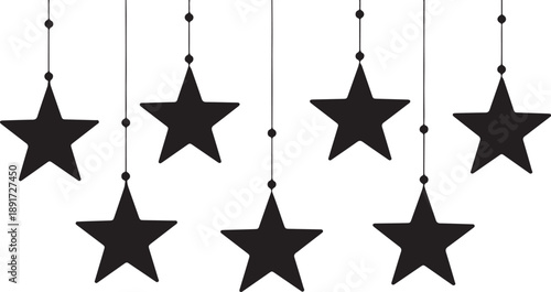 Vector black stars hanging ornaments in a row on strings with beads