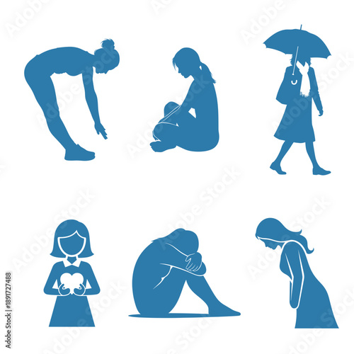Emotional Distress Woman Silhouette Poses Set
