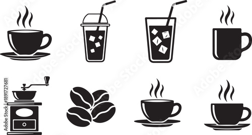 Vector coffee and drink icons set including coffee beans and grinder in black