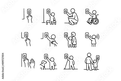 Logic calm friendly reaching silhouette focus design doorbell accessibility vector icon care