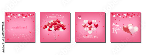 Romantic Happy Valentine's Day social media post collection featuring 3D heart balloons, elegant love typography, and pink paper hearts for February 14