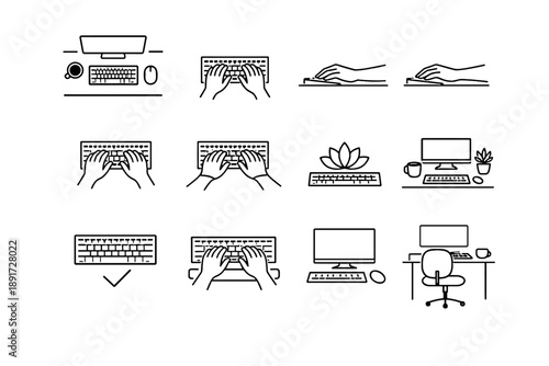 Icon computer everyday icons keyboard desk baseline setup focus clarity minimalist vector