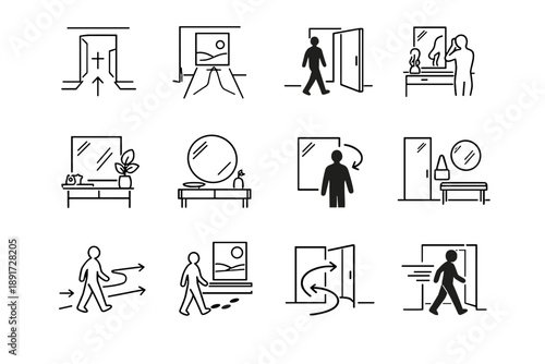 Person set convenience alignment entryway silhouette focus icon usability entry vector toward