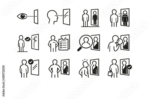 Standing quick vector check calm verification checking person entryway confirmation minimalist icon