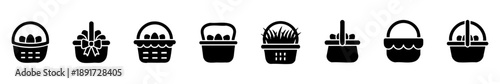 Minimal Easter basket icons: various silhouettes with eggs, bows, grass, and festive details.