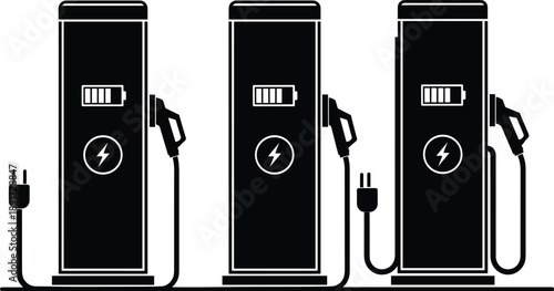 Electric vehicle charging station silhouette set with battery icons vector