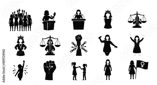 Feminism and equality silhouette icons set