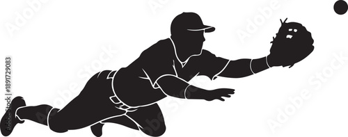 Baseball Player Silhouette Diving to Catch Ball Vector Illustration