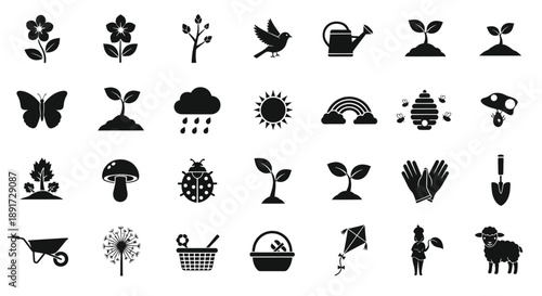 Collection of black silhouette gardening icons on white background