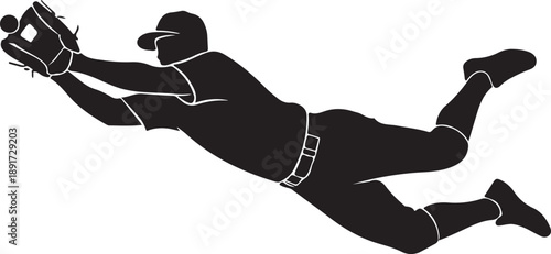 Baseball Player Silhouette Diving to Catch Ball Vector Illustration