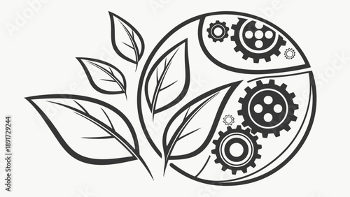 Black and white graphic design symbolizes the integration of nature and mechanical industry through leaves and gears in a circular.