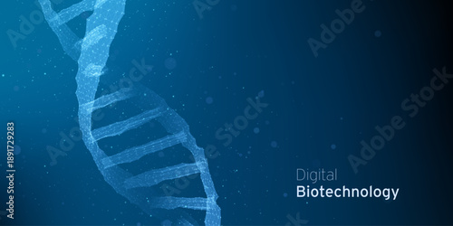 Abstract blue DNA molecule, double helix Technology illustration. Gene digital biotechnology futuristic concept. Biology genetic research backdrop.