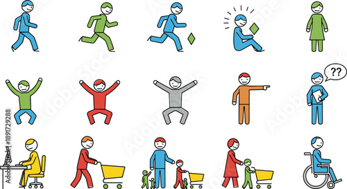 Colorful people activity icon set illustrating daily life actions including walking, running, working, shopping, family activities, communication, and accessibility concepts