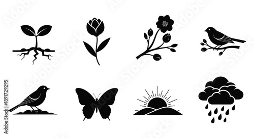 Collection of black silhouette of nature elements