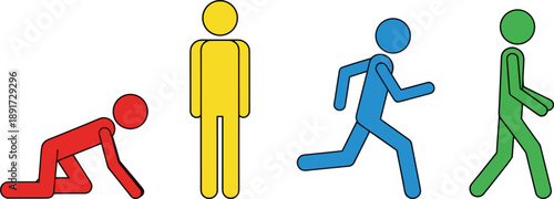 Colorful stick figure icons showing human movement stages from crawling and standing to running and walking, illustrating development, motion, and activity concepts
