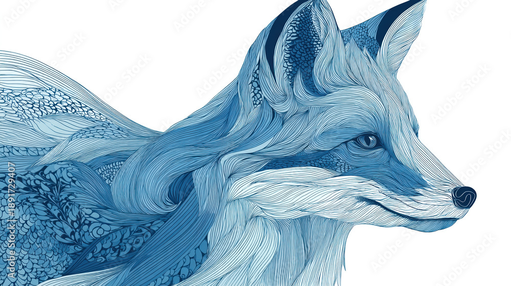 Fototapeta premium Decorative blue fox with artistic floral patterns in watercolor style on light background