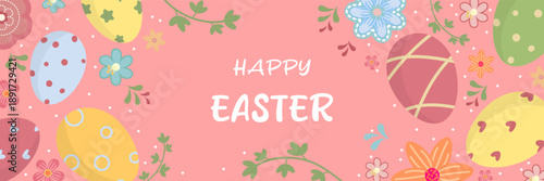 Wide banner Soft pink background, decorated around edges Colorful Easter eggs, flowers, green foliage. Happy Easter text Festive spring design for banners, promotions, greetings, holiday layouts