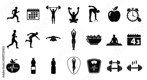 Fitness and health icons set for wellness programs