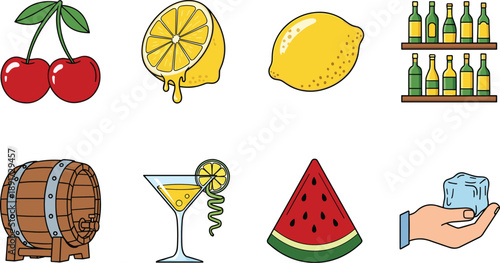 Food and Beverage Icon Set with Fruits, Drinks, Barrel, Ice Cube, and Bottles Illustration Isolated on White Background