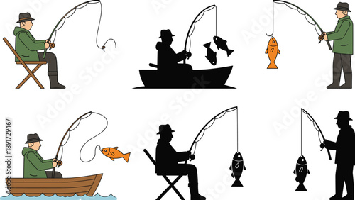 Fisherman fishing action set with man holding rod catching fish in boat and shore scenes silhouette and color illustration isolated on white background