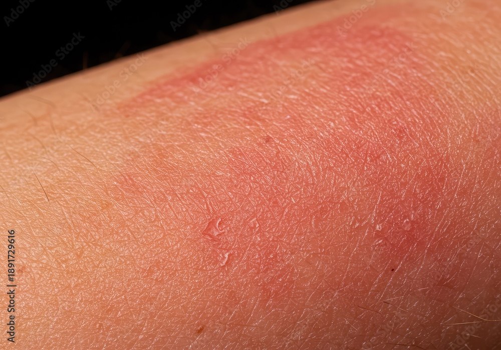 Fototapeta premium Extreme close-up of severely sunburnt skin, displaying painful redness and early signs of peeling damage from intense summer heat exposure ,care ,inflammation ,dry
