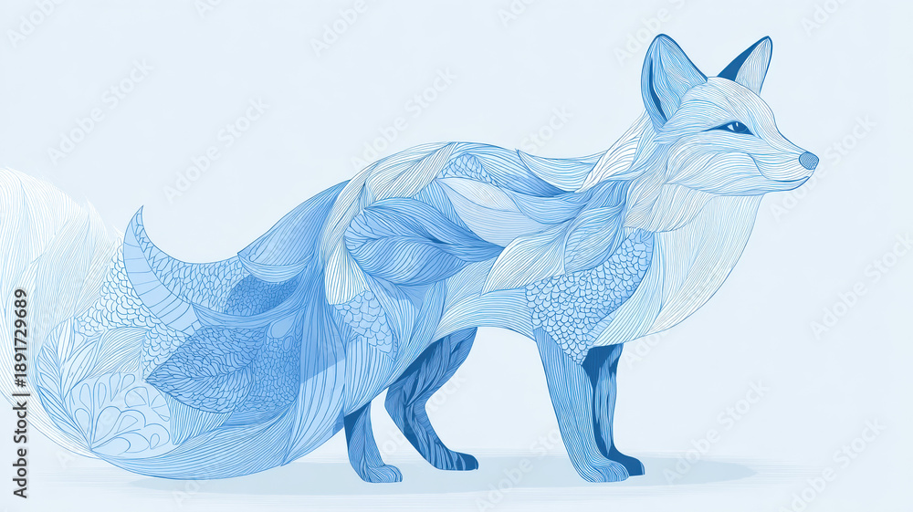 Obraz premium Blue fox with ornamental patterns in watercolor style on light background