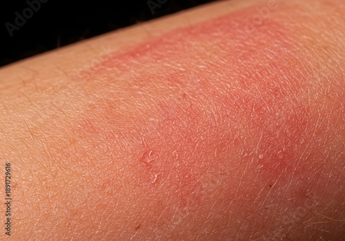 Extreme close-up of severely sunburnt skin, displaying painful redness and early signs of peeling damage from intense summer heat exposure ,care ,inflammation ,dry