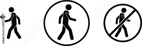 Pedestrian walking pictogram icons showing allowed direction, walking zone, and prohibited pedestrian access symbols isolated on white background