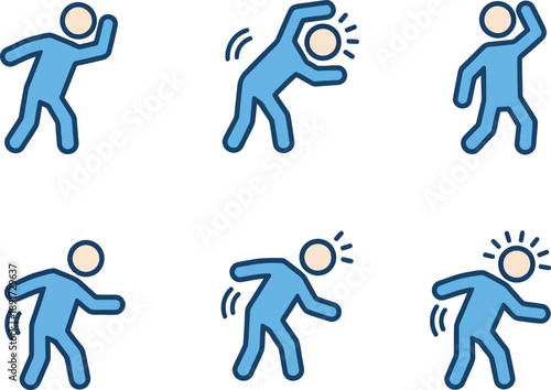 Six blue stick figures in various active poses with motion lines on a white background movement