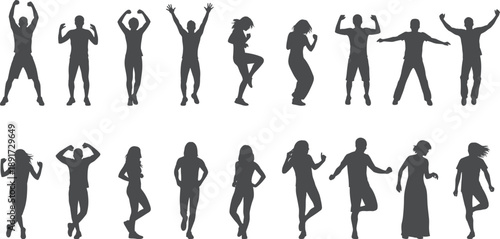 People dancing silhouette collection showing male and female figures in energetic poses representing celebration, party, music, and joyful lifestyle concepts