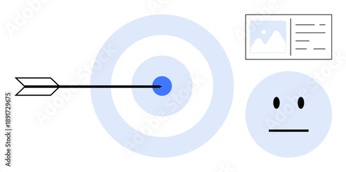 Marketing goals, precision, user identification, validation, accuracy, focus. Arrow hits target, alongside user icon and ID card graphic. Marketing goals and user identification concept