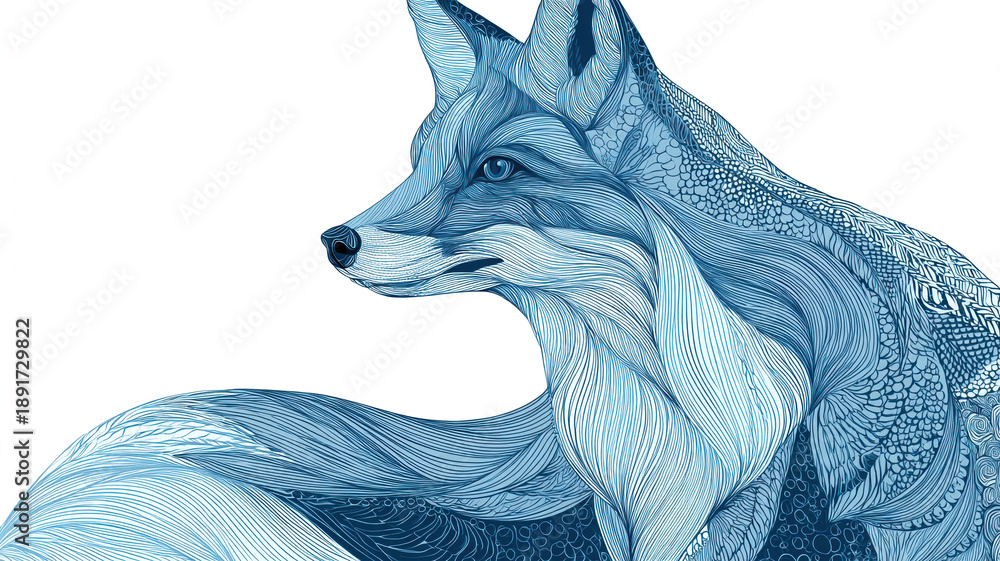 Obraz premium Decorative blue fox with artistic floral patterns in watercolor style on light background