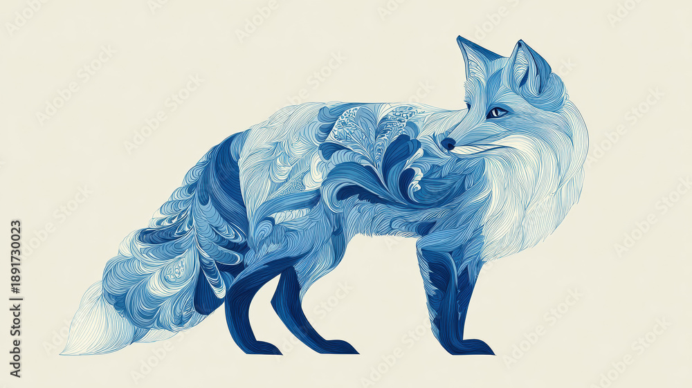 Fototapeta premium Stylized blue fox illustration with ornamental patterns in watercolor style on light background