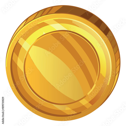 A shiny golden coin with a smooth surface, glossy reflections, and a clean white background
