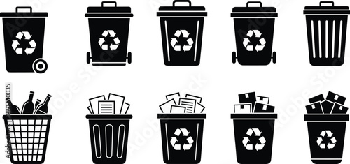Recycling Bin and Garbage Can Icon Set, Waste Management Sorting Symbols, Environmental Sustainability Graphics, Trash Container Vector Illustrations, Eco Friendly Disposal Pack