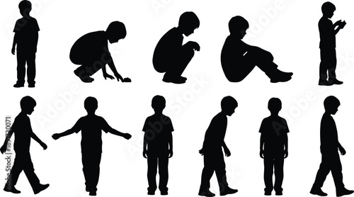 Silhouette Child Poses Movement Standing Sitting Playing Walking Childhood Activity People Isolated Minimal Vector Illustration