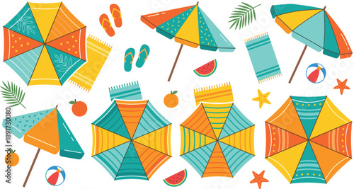 Top-down beach scene with colorful umbrellas, towels, fruit, and accessories in vibrant summer illustration.