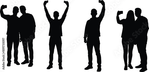 Selfie, Silhouette, People, Smartphone, Photography, Friends, Couple, Group, Social, Technology, Lifestyle, Pose, Standing, Youth, Modern, Digital, Communication, Trend, Shadow, Human