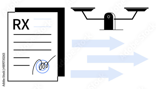 Healthcare regulations, ethical decisions, justice concepts, legal compliance, medical documentation, policy making. Prescription and justice scales with directional arrows. Healthcare regulations