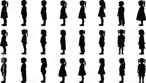 Silhouette Children Profile Sideview Standing Set Collection Boy Girl Childhood People Isolated Minimal Vector