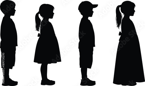 Silhouette Children Profile Standing Sideview Boy Girl Childhood People Isolated Minimal Black White Vector Illustration